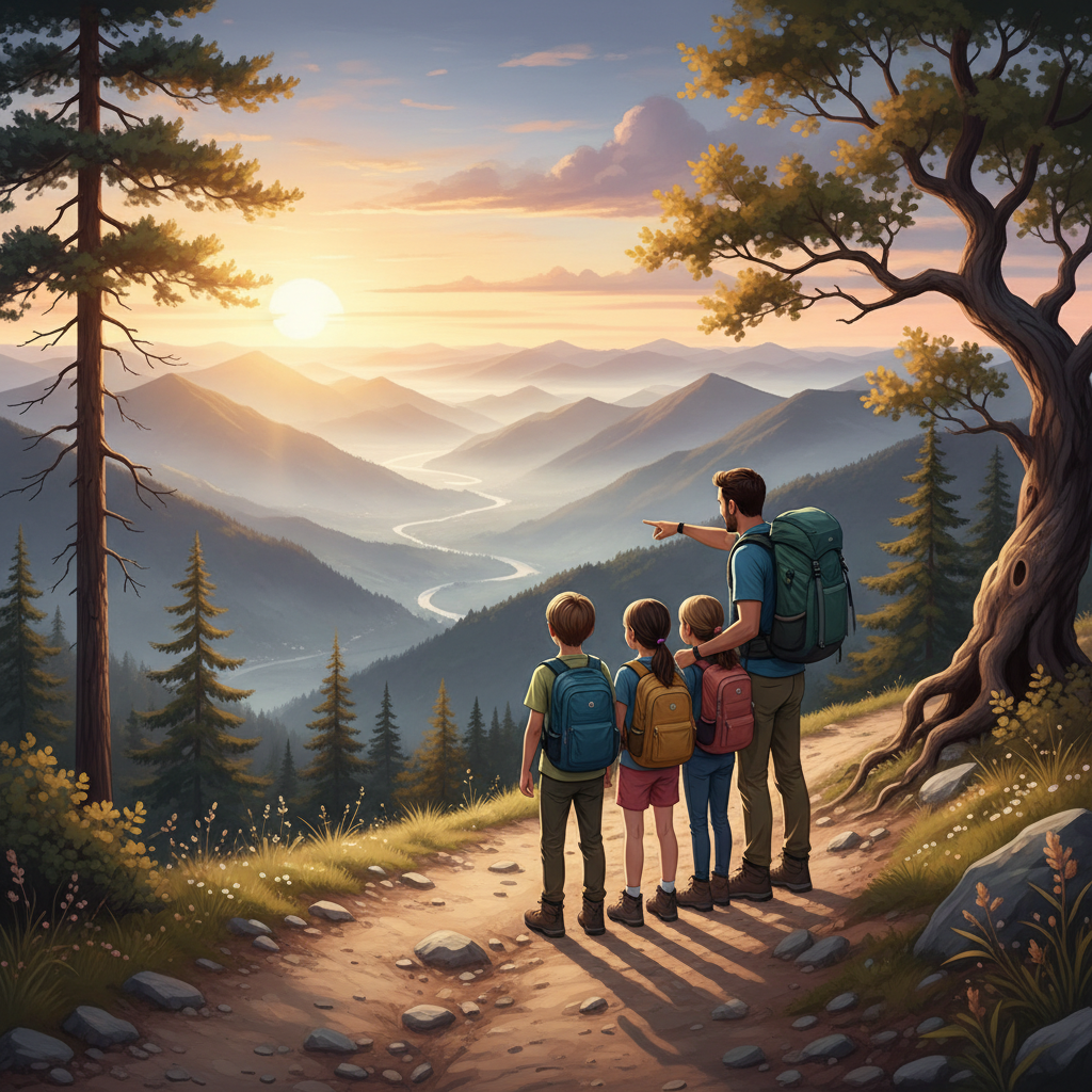 A family (parents and two kids) on a mountain trail, looking at a beautiful vista together, with backpacks on.