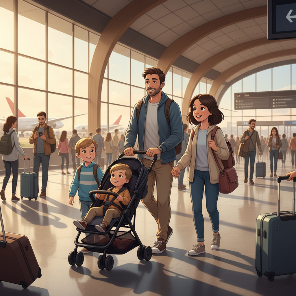 A busy airport terminal, but a family is calmly navigating with a child in a stroller and a pre-teen looking excited.