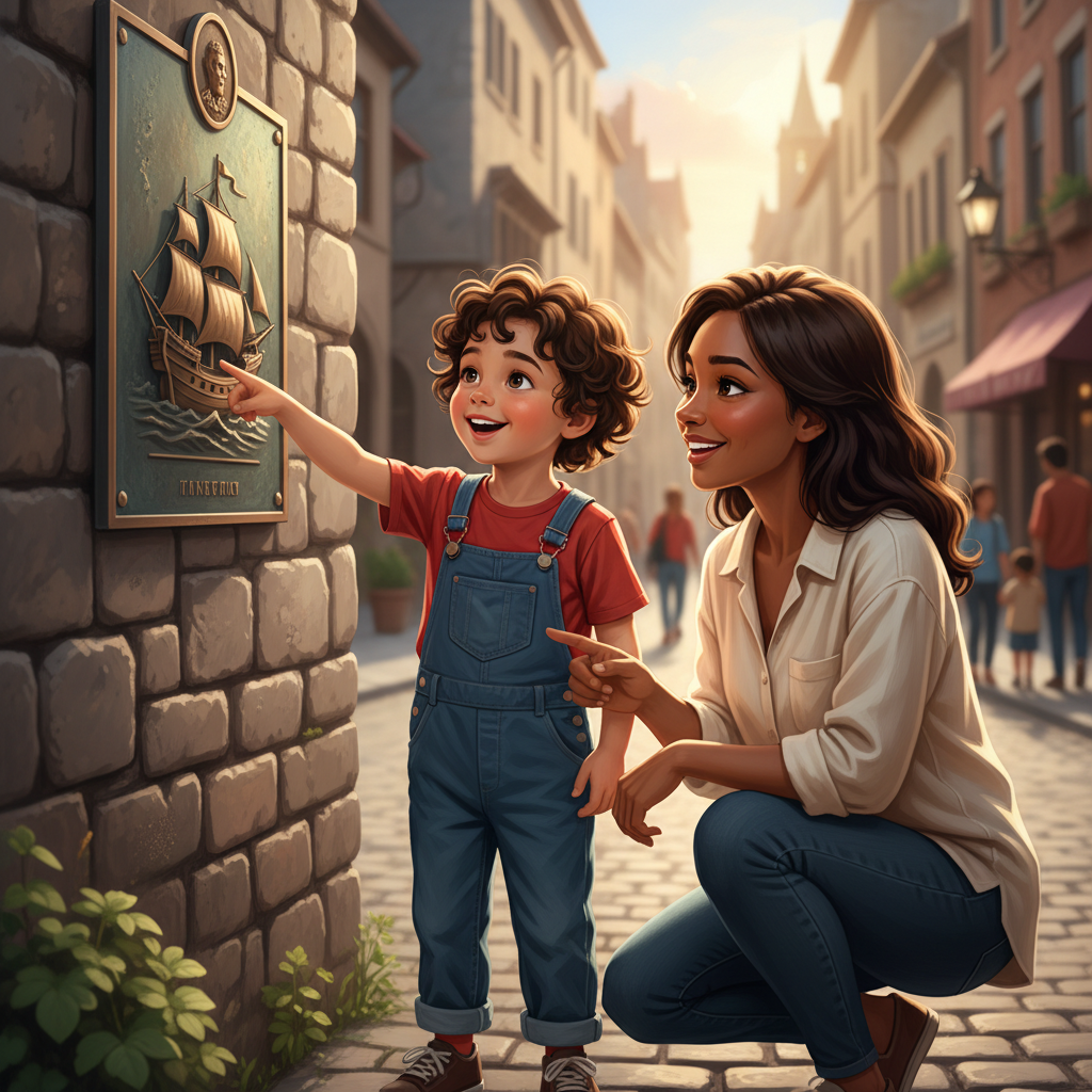 A child excitedly pointing at a historical plaque, with a parent smiling and engaging with them.