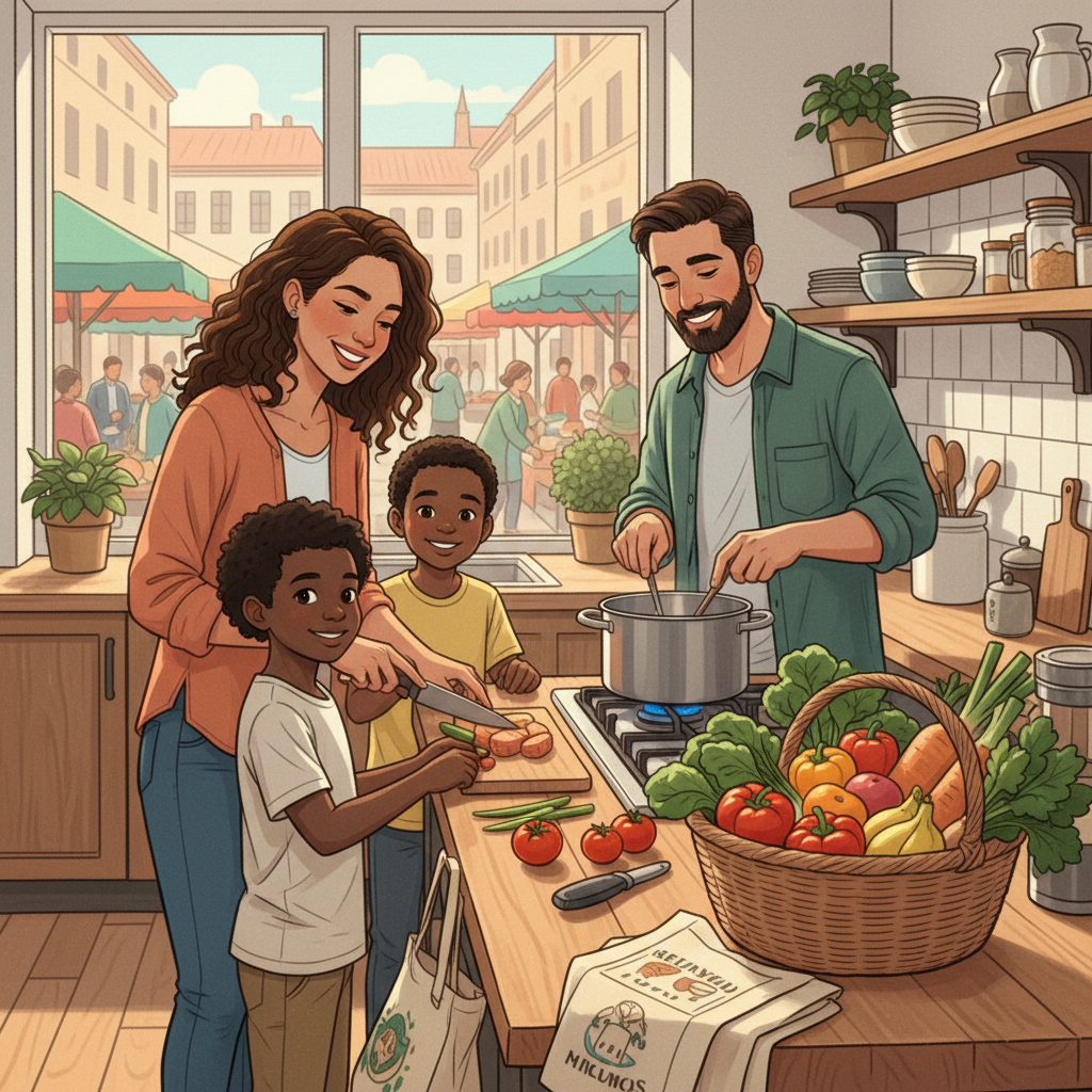 A family cooking together in an Airbnb kitchen using local market ingredients.