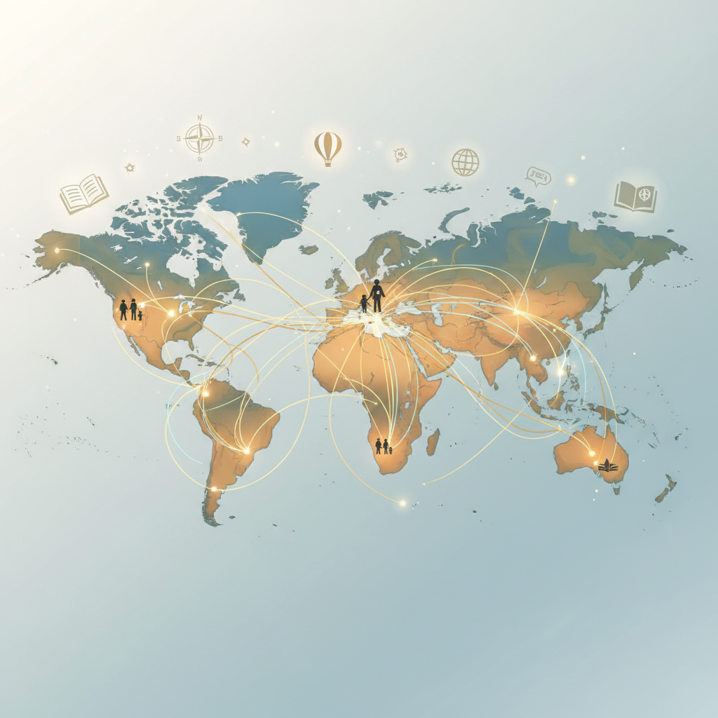 A world map with various interconnected routes, symbolizing long-term family travel possibilities.